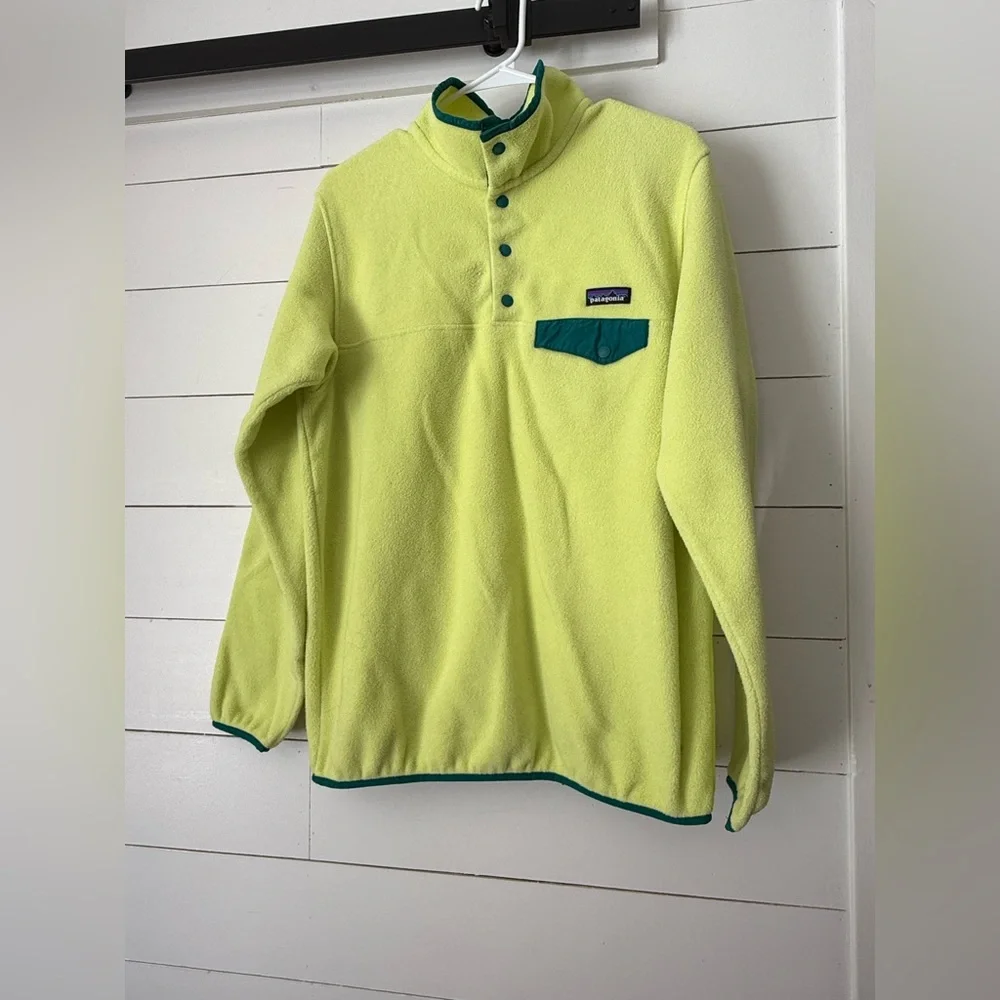Patagonia Neon Yellow Fleece Pullover with Teal Accents
